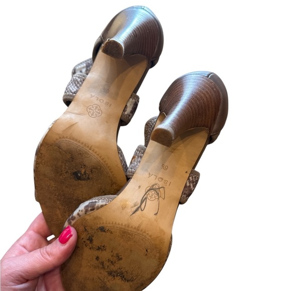 5/$25 Isola Tan and Brown Snake Print Open-Toe Heels with Zipper Front - Picture 5 of 5